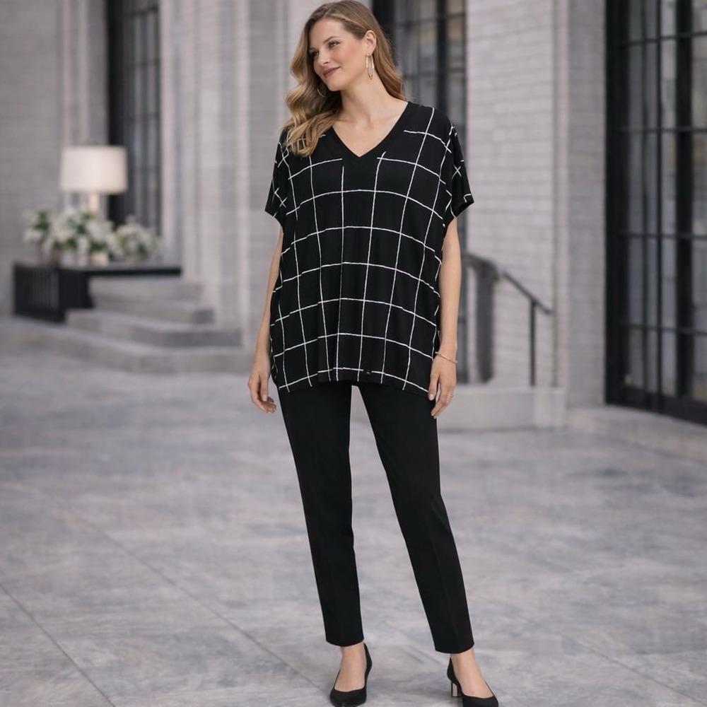 VINCE. Windowpane Plaid Relaxed Tunic Top‎ Tee Size SMALL Black
